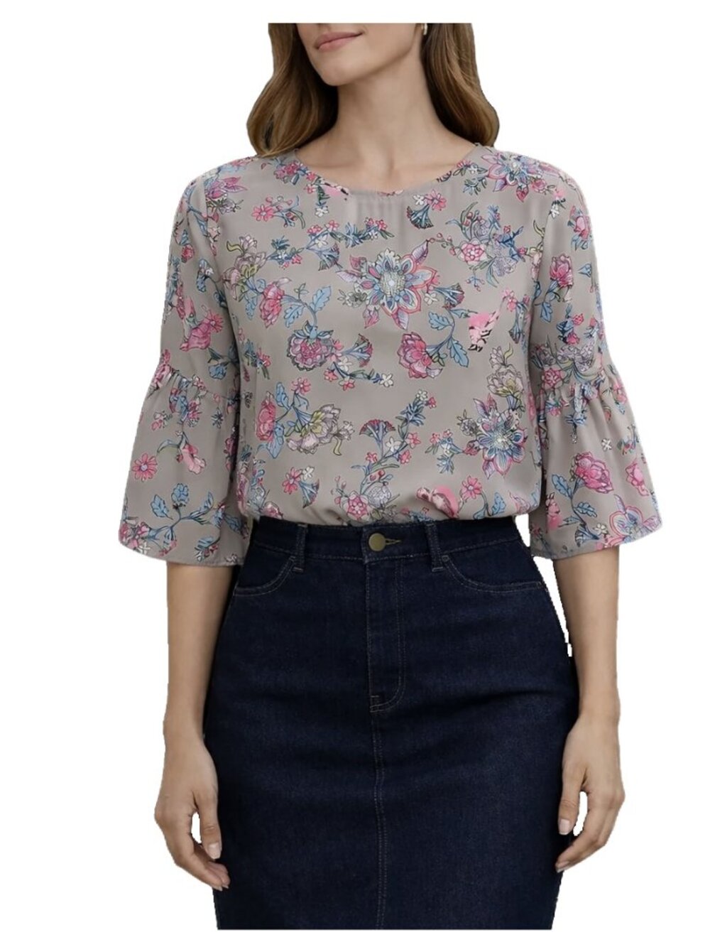 W5 Taupe Floral Bird Print Bell Sleeve Blouse